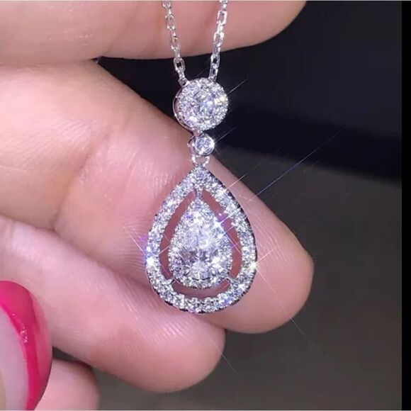 Silver Teardrop Pear Round Pendant CZ Stone Drop Necklace - Picture 3 of 6